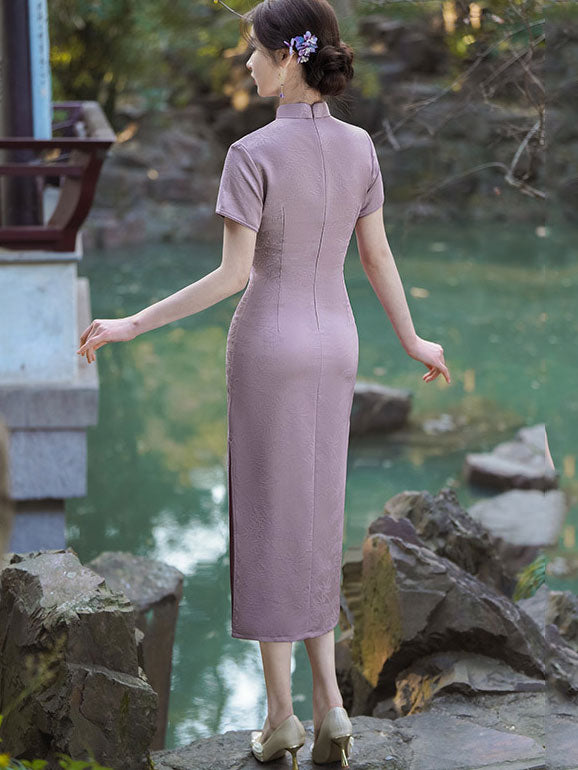 Purple Green Jacquard Midi Cheongsam Qipao Dress