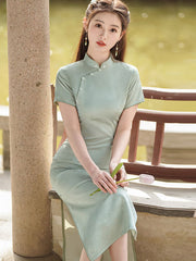 Purple Green Jacquard Midi Cheongsam Qipao Dress