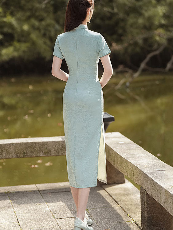 Purple Green Jacquard Midi Cheongsam Qipao Dress - IMALLURE M / Purple Purple Green Jacquard Midi Cheongsam Qipao Dress - IMALLURE M / Purple