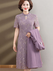 2 Pieces Purple Lace Mothers Cheongsam Dress & Coat