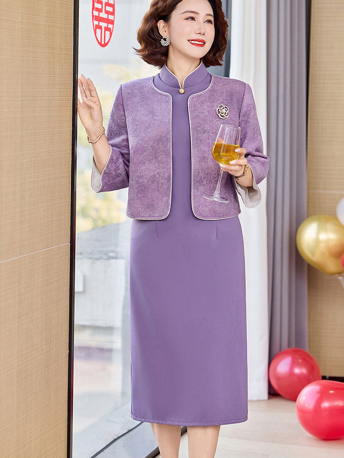 2 Pieces Purple Burgundy Bride Mother Cheongsam Dress & Jacket