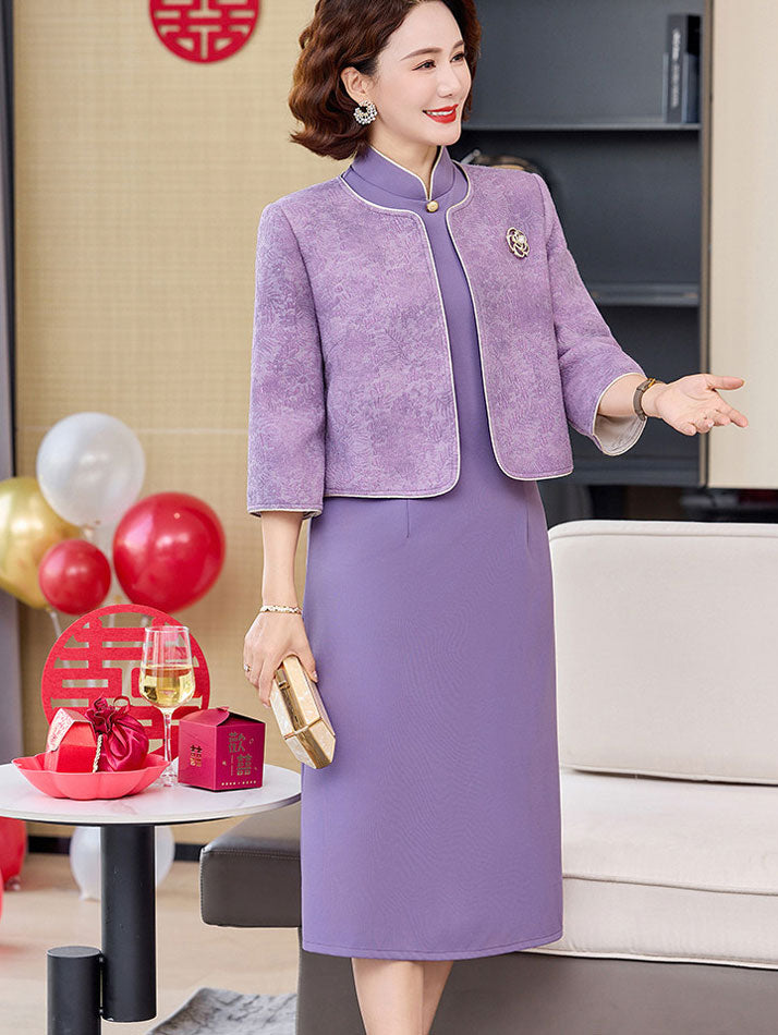 2 Pieces Purple Burgundy Bride Mother Cheongsam Dress & Jacket