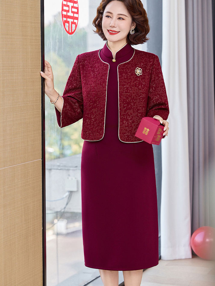 2 Pieces Purple Burgundy Bride Mother Cheongsam Dress & Jacket