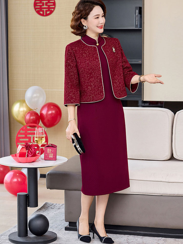 2 Pieces Purple Burgundy Bride Mother Cheongsam Dress & Jacket