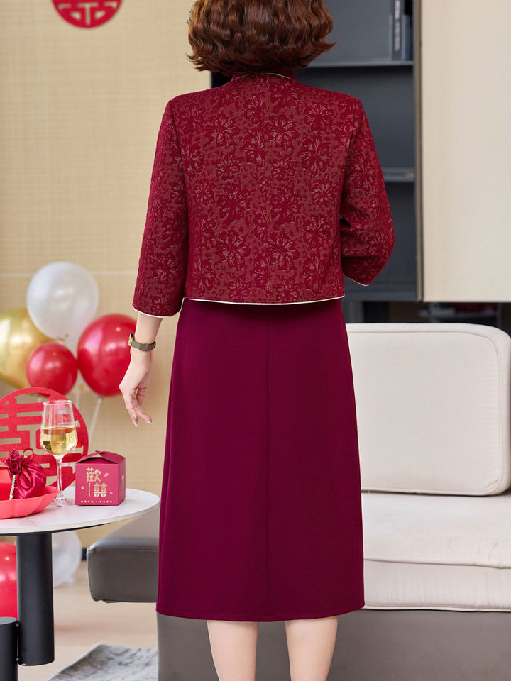 2 Pieces Purple Burgundy Bride Mother Cheongsam Dress & Jacket