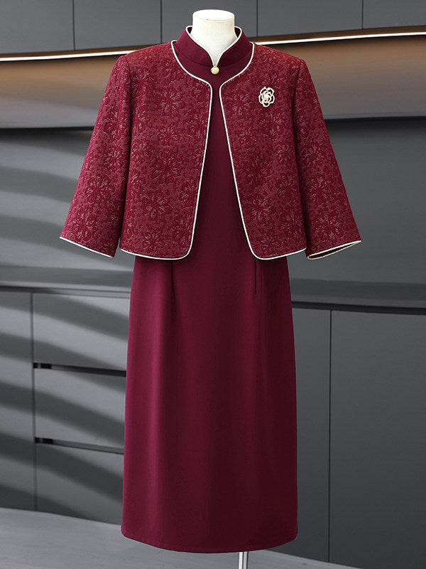 2 Pieces Purple Burgundy Bride Mother Cheongsam Dress & Jacket