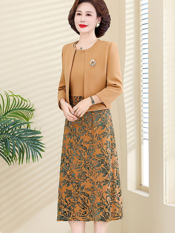 2 Pieces Khaki Floral Velvet Mothers Dress & Top