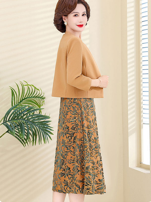 2 Pieces Khaki Floral Velvet Mothers Dress & Top