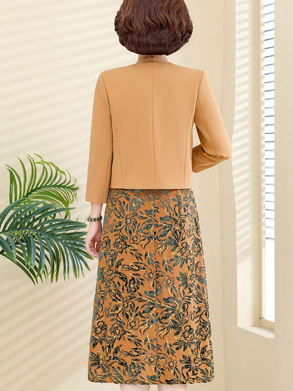 2 Pieces Khaki Floral Velvet Mothers Dress & Top