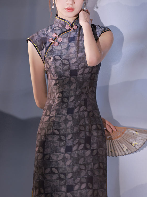 Gray Grid Midi Cheongsam Qipao Dress