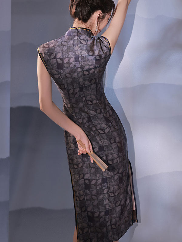 Gray Grid Midi Cheongsam Qipao Dress