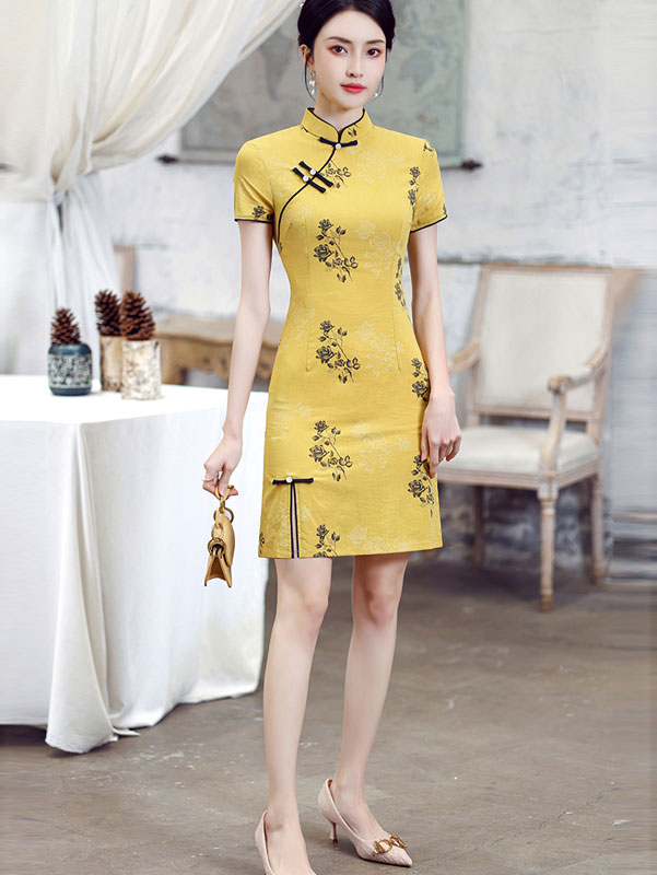 Yellow Floral Linen Cheongsam Qipao Dress