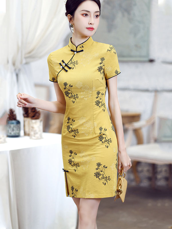 Yellow Floral Linen Cheongsam Qipao Dress