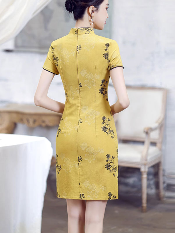 Yellow Floral Linen Cheongsam Qipao Dress