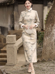 Chinese Painting Print Winter Cheongsam Qipao Dress