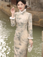 Chinese Painting Print Winter Cheongsam Qipao Dress