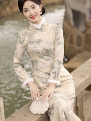 Chinese Painting Print Winter Cheongsam Qipao Dress