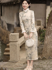 Chinese Painting Print Winter Cheongsam Qipao Dress