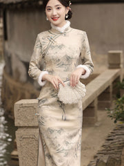 Chinese Painting Print Winter Cheongsam Qipao Dress