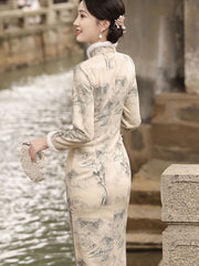 Chinese Painting Print Winter Cheongsam Qipao Dress