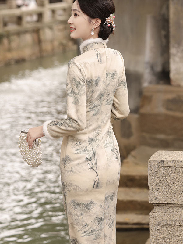 Chinese Painting Print Winter Cheongsam Qipao Dress