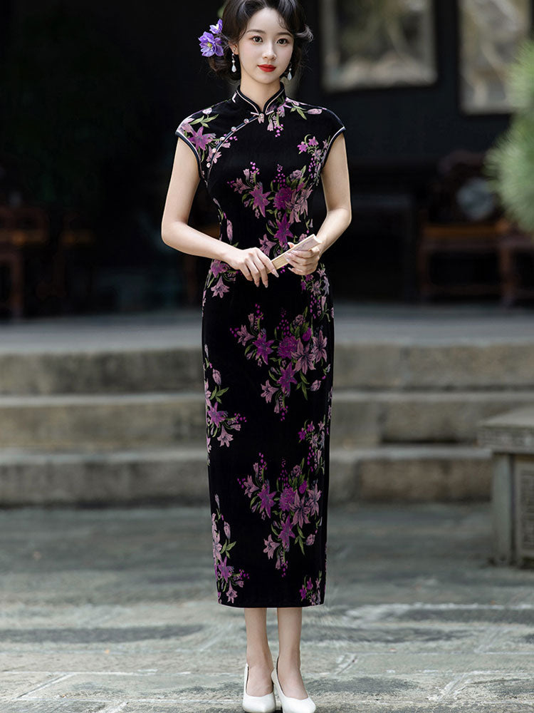 winter cheongsam dress Floral Print Velvet Mothers Qipao lace trim mini dress Round Neck Short Sleeve Size:46Long vintage chinese dress