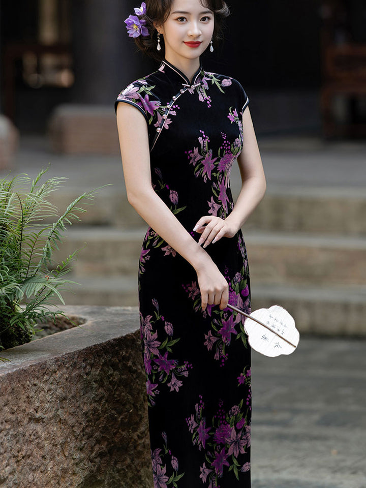 Floral Print Velvet Mothers Winter Cheongsam Qipao Dress