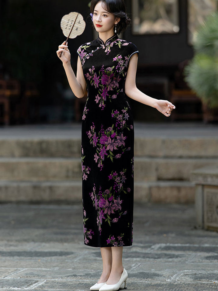 Floral Print Velvet Mothers Winter Cheongsam Qipao Dress