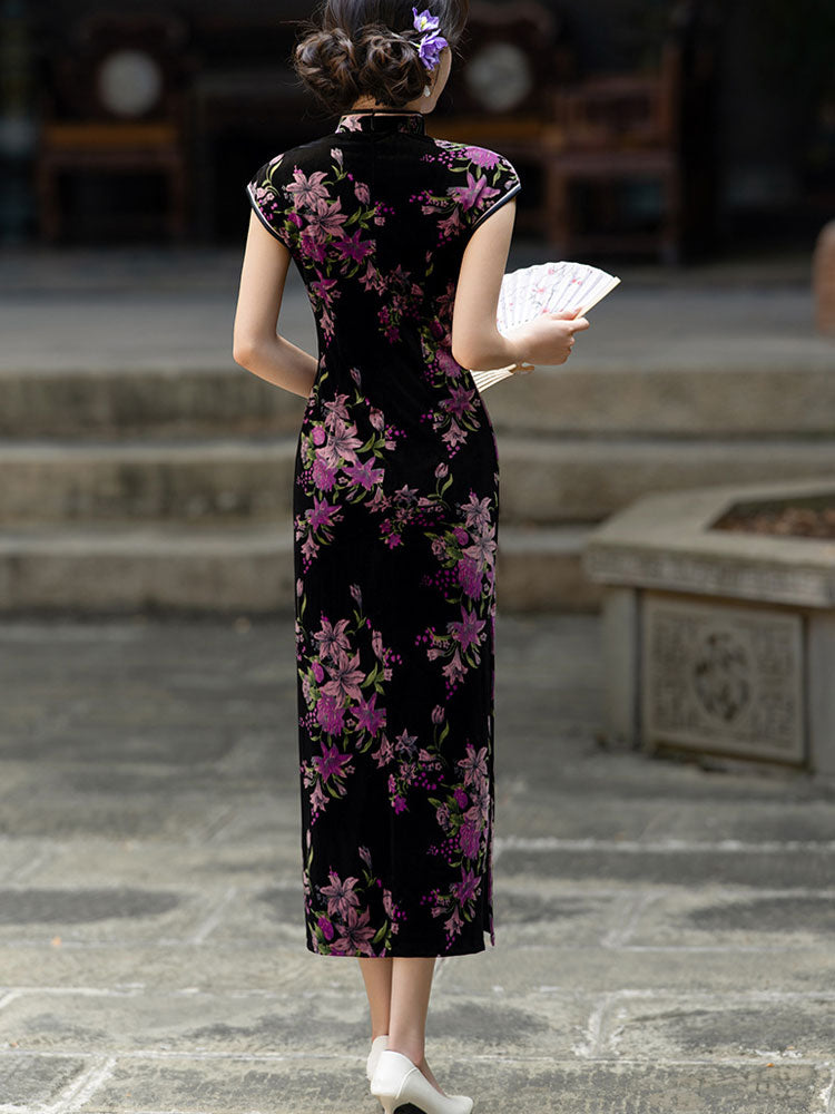 Floral Print Velvet Mothers Winter Cheongsam Qipao Dress