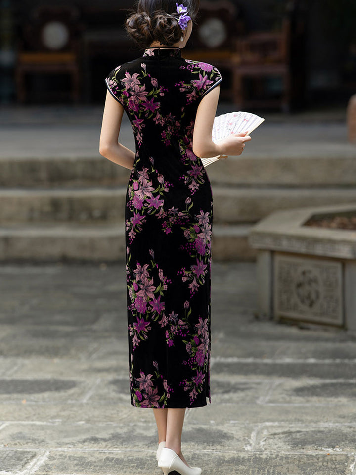 Floral Print Velvet Mothers Winter Cheongsam Qipao Dress