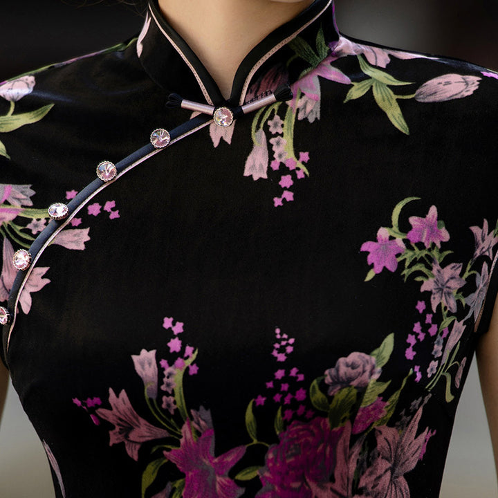 Floral Print Velvet Mothers Winter Cheongsam Qipao Dress