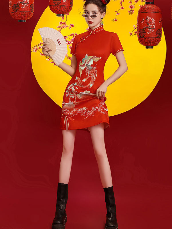 Red Phoenix Print Cheongsam Qipao Dress