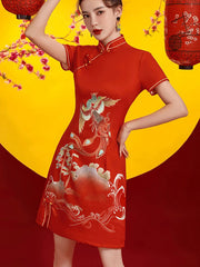 Red Phoenix Print Cheongsam Qipao Dress