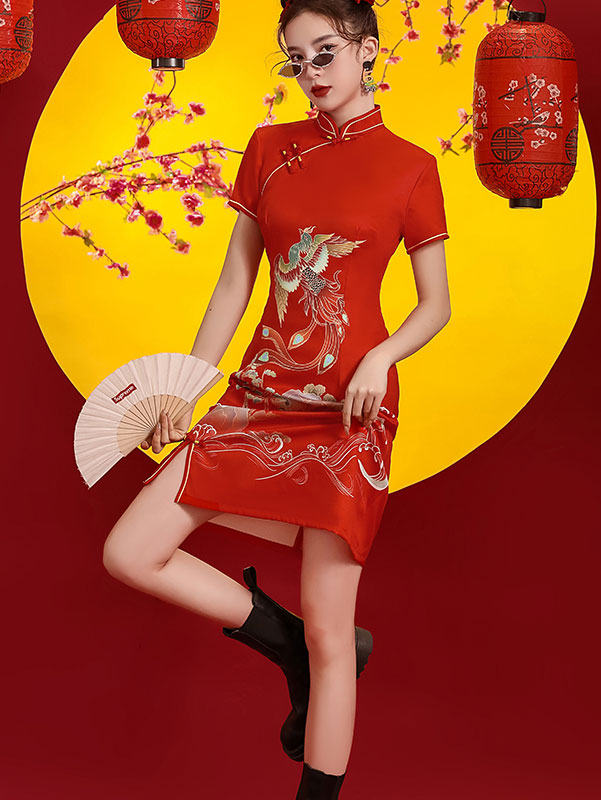 Red Phoenix Print Cheongsam Qipao Dress