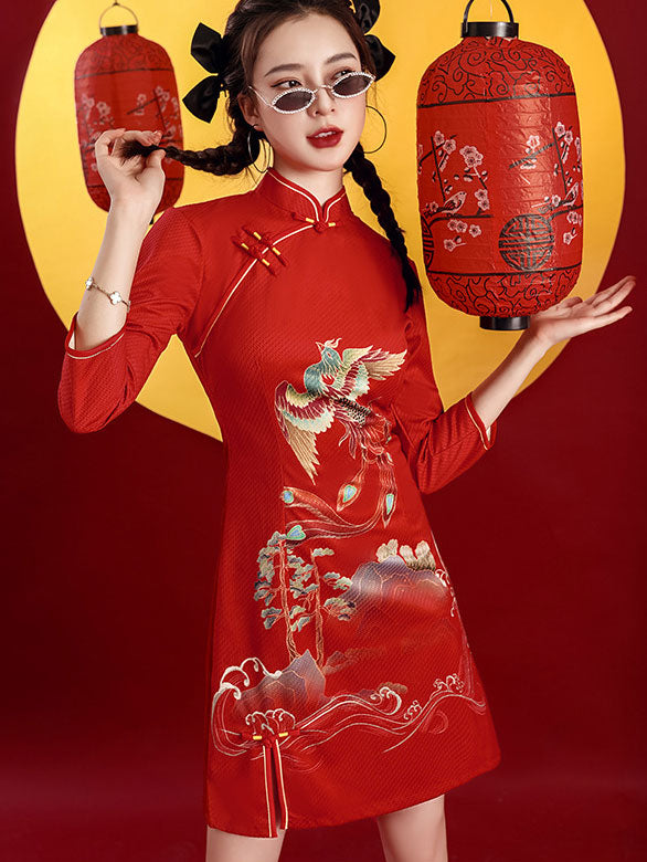 Red Phoenix Print Cheongsam Qipao Dress