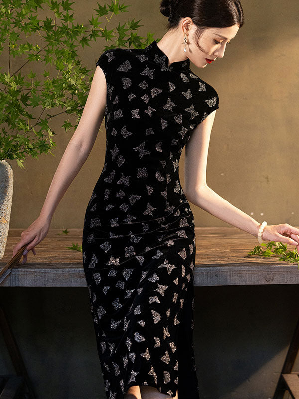 Black Shimmery Butterfly Velvet Cheongsam Qipao Dress