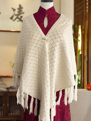 Red Beige Knit Tassels Cheongsam Wrap Shawl