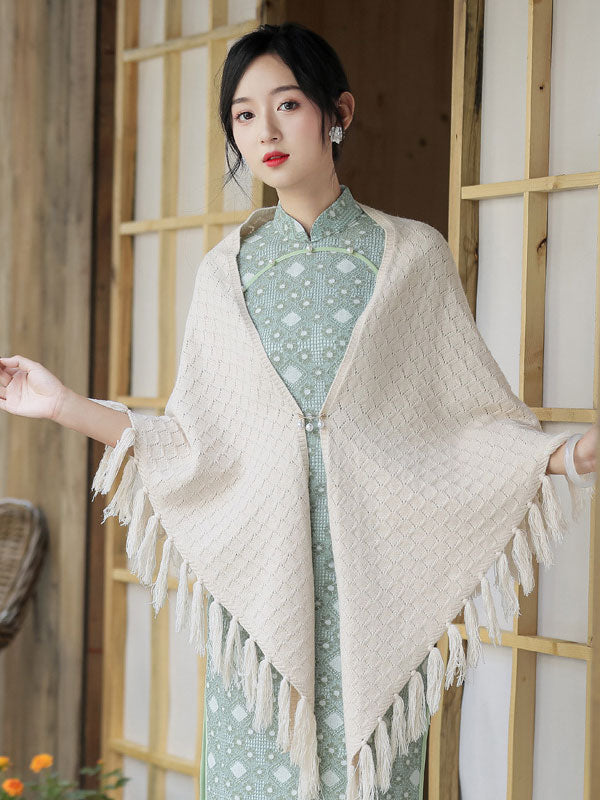 Red Beige Knit Tassels Cheongsam Wrap Shawl