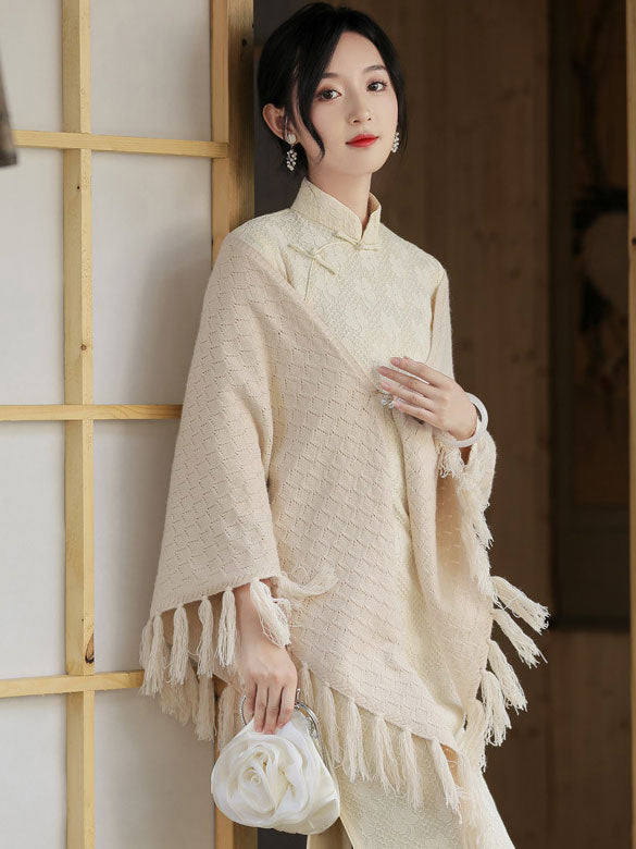 Red Beige Knit Tassels Cheongsam Wrap Shawl
