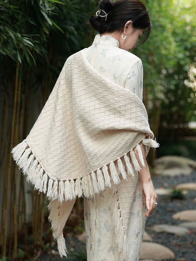 Red Beige Knit Tassels Cheongsam Wrap Shawl