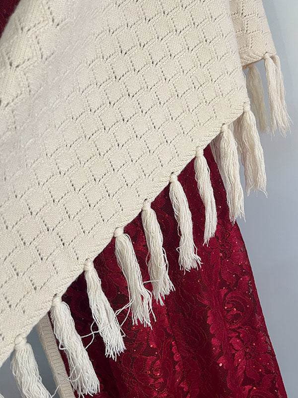 Red Beige Knit Tassels Cheongsam Wrap Shawl