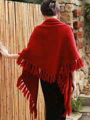 Red Beige Knit Tassels Cheongsam Wrap Shawl