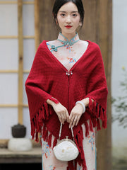 Red Beige Knit Tassels Cheongsam Wrap Shawl