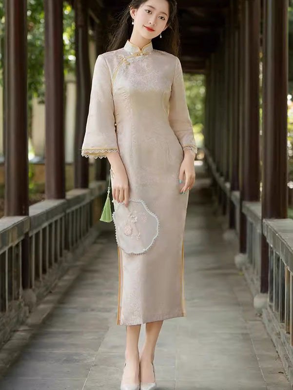 Champagne Jacquard Winter Cheongsam Qipao Dress