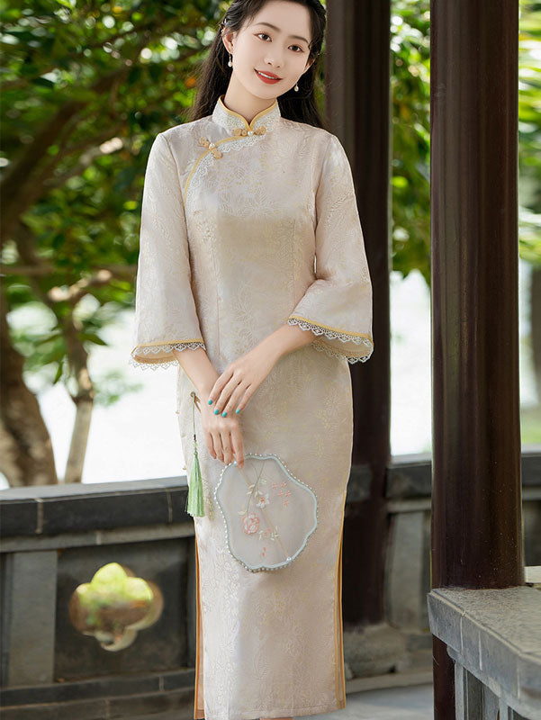 Champagne Jacquard Winter Cheongsam Qipao Dress