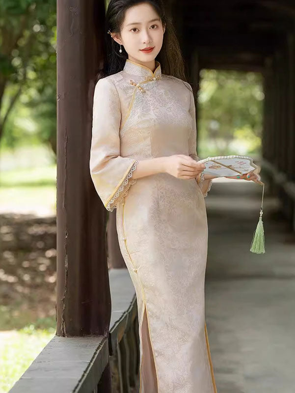 Champagne Jacquard Winter Cheongsam Qipao Dress