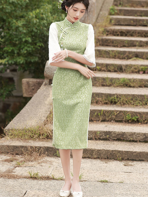 Green Lace Winter Midi Cheongsam Qipao Dress