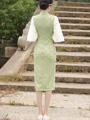 Green Lace Winter Midi Cheongsam Qipao Dress