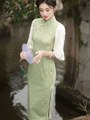 Green Lace Winter Midi Cheongsam Qipao Dress