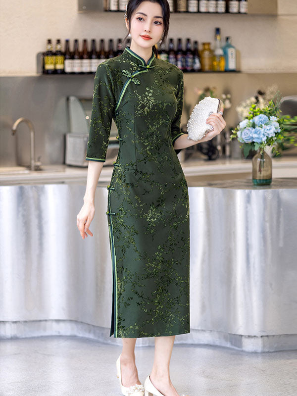 Green Jacquard Floral Winter Cheongsam Qipao Dress